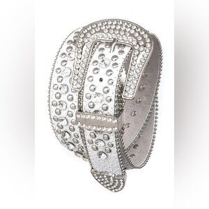 White & Silver Genuine Leather Studded Statement Belt